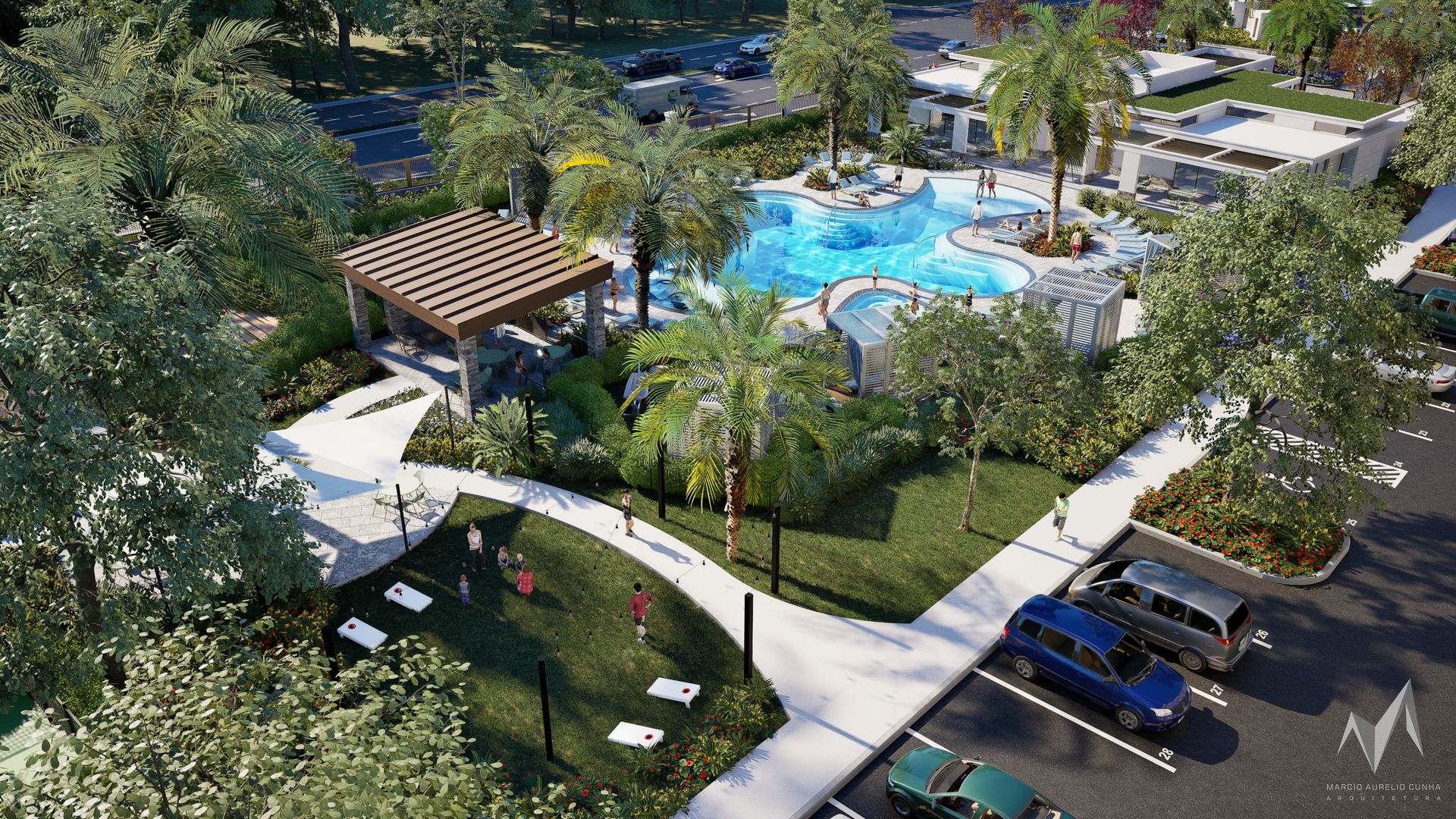 Aerial view of the amenity deck, pool and cabanas