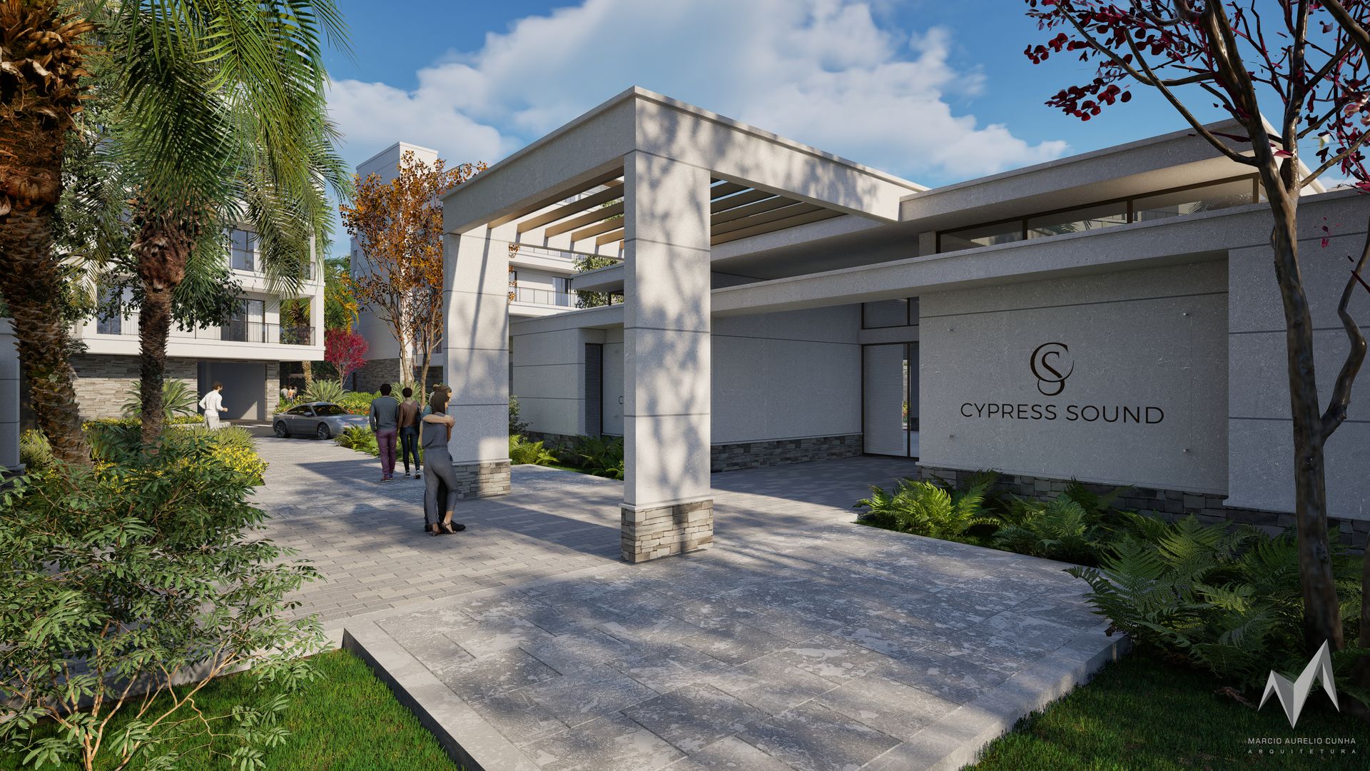 The Cypress Sound clubhouse entrance with landscaped drive