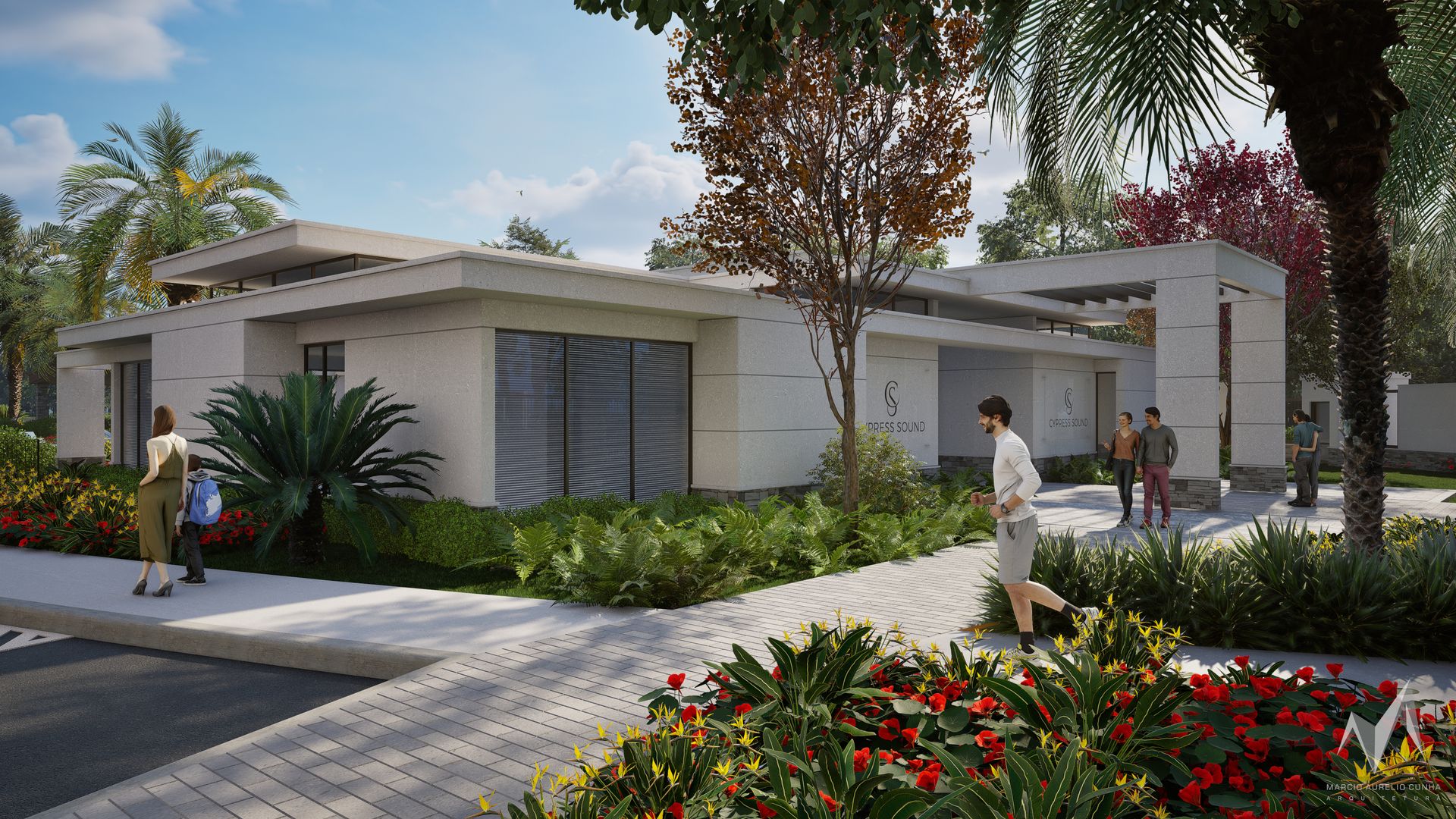 Clubhouse pavilion surrounded by tropical planting