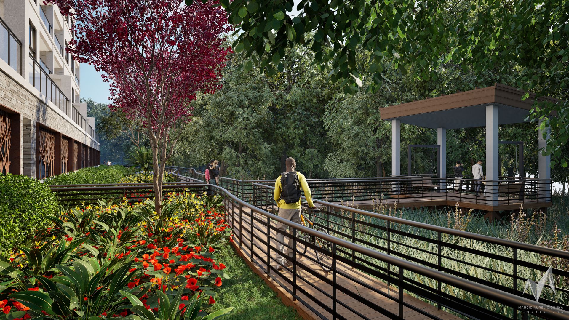 Boardwalk deck winding over the preserved wetland at Cypress Sound