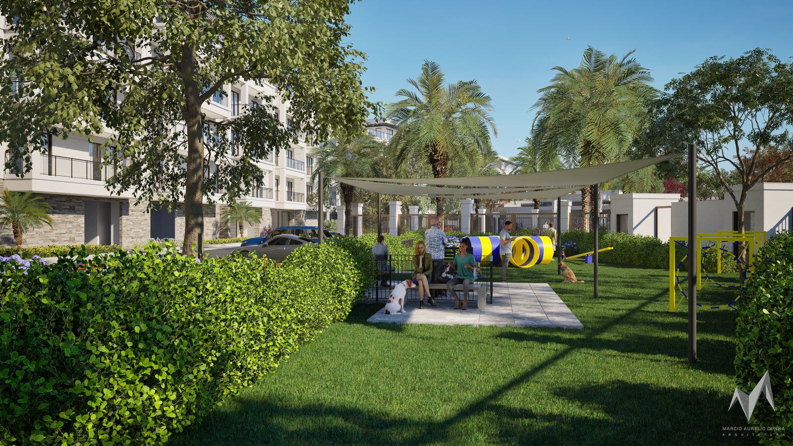 Shaded dog park with agility equipment
