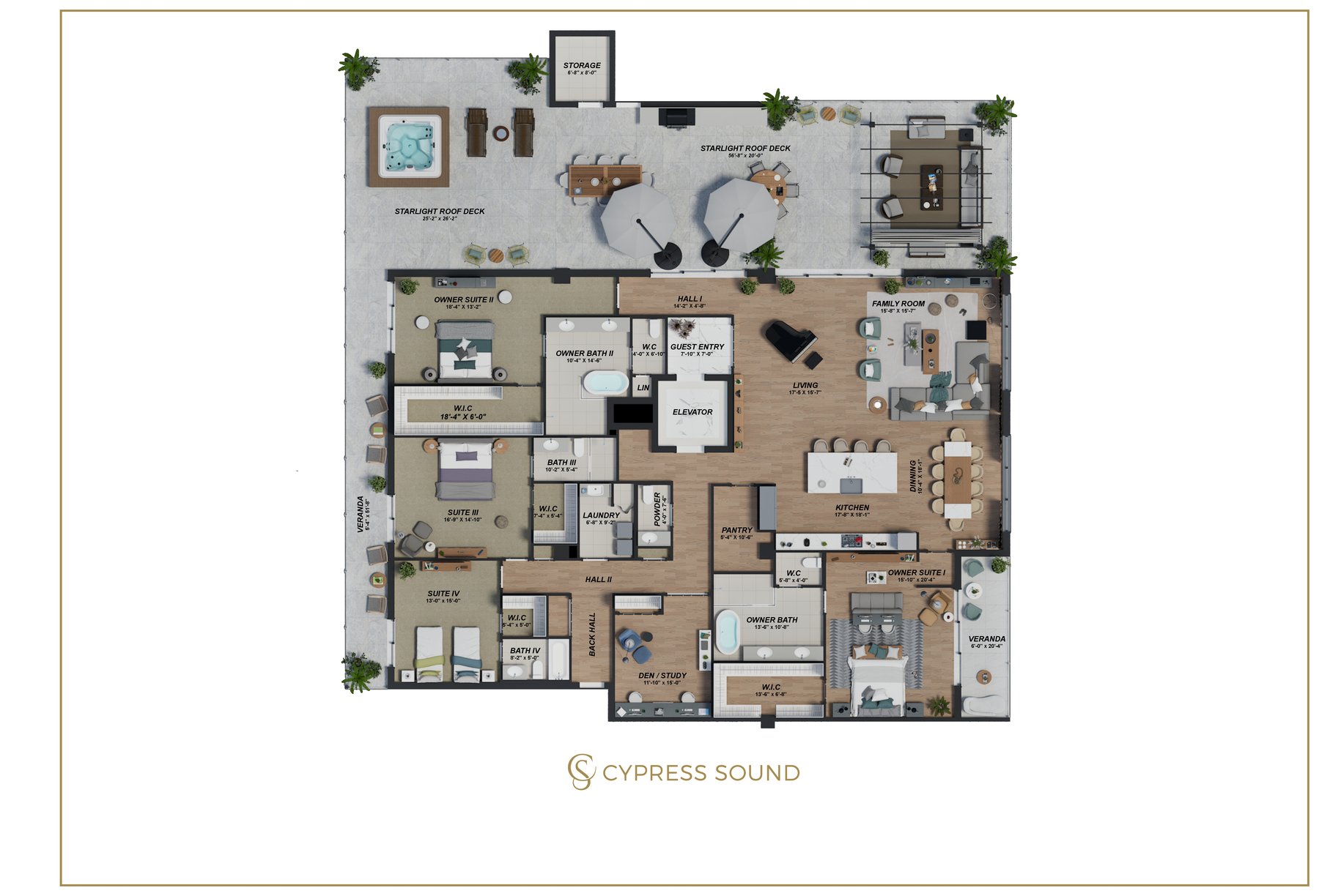 Floor plan of a Cypress Sound penthouse with outdoor living area