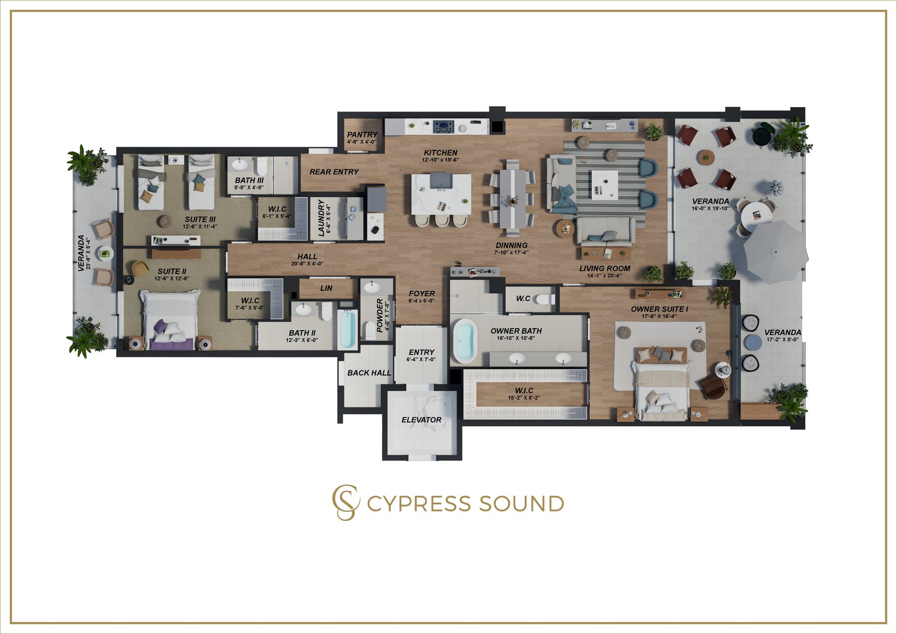 Floor plan of a three-bedroom Cypress Sound residence, Unit A