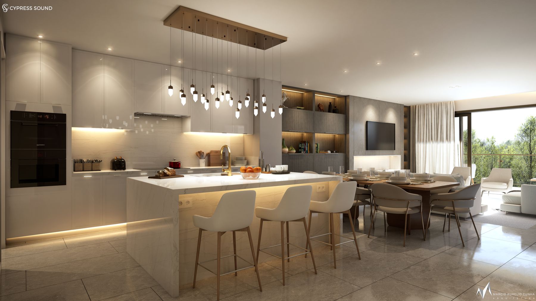 Open-concept designer kitchen with island and pendant lighting