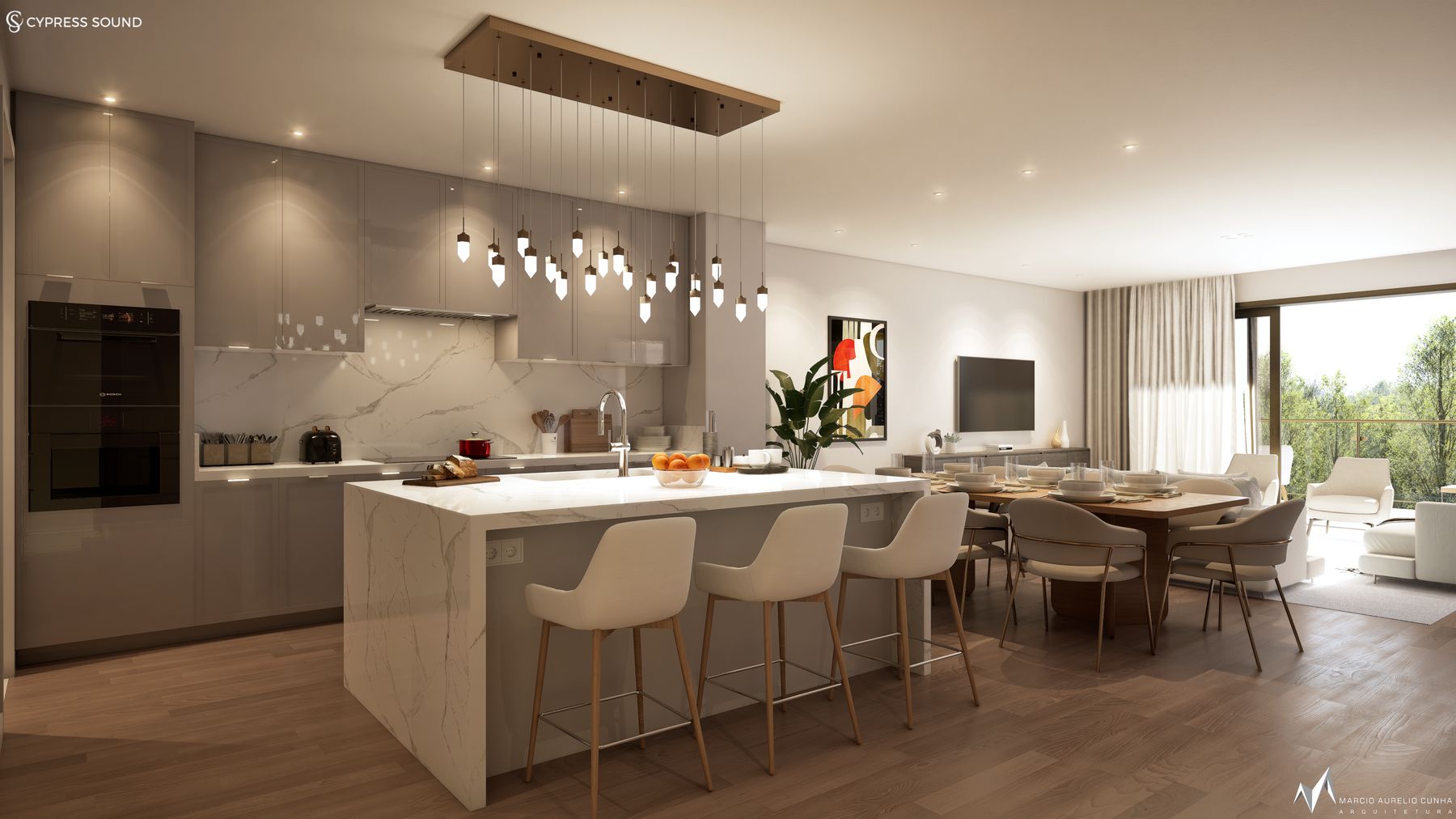 Dining and kitchen space with floor-to-ceiling windows