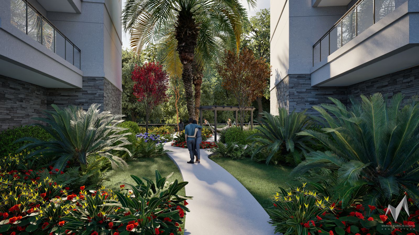Garden path winding between the residences