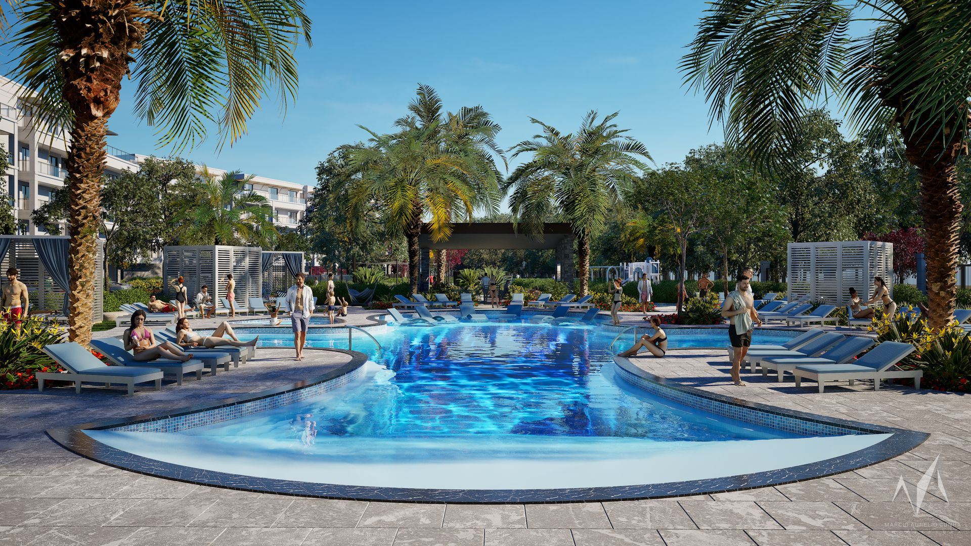 Resort-style lagoon pool with palm trees and sun loungers